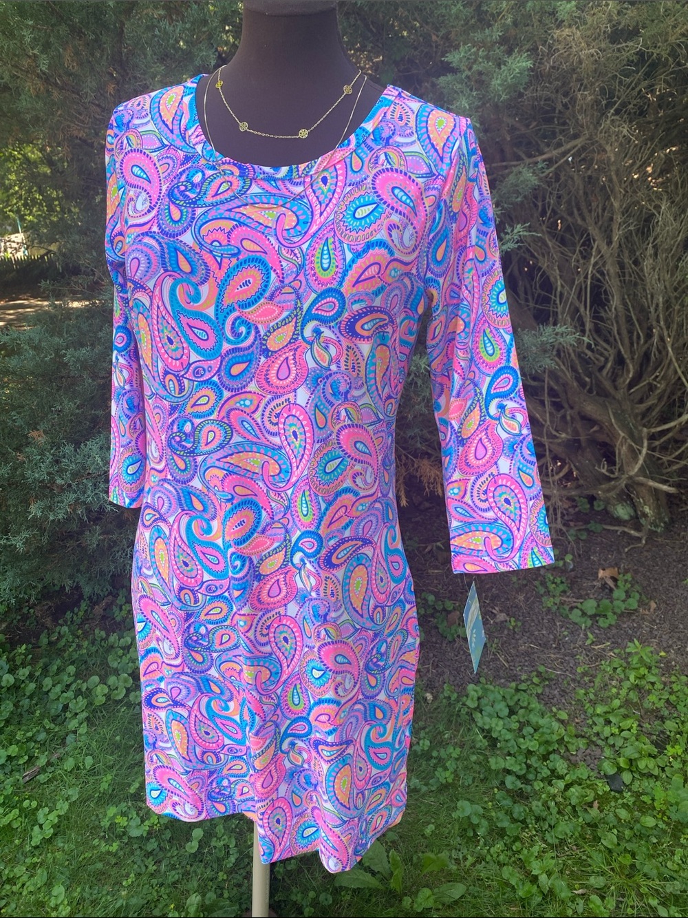 Lulu B stretch dress rounded collar vibrant paisley resort wrinkle free SPF - Picture 13 of 17